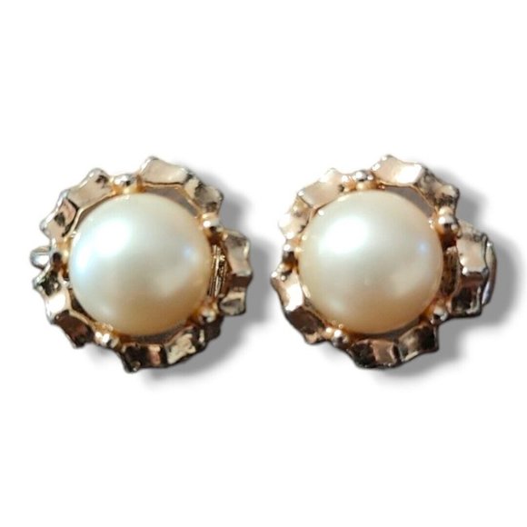 Vintage Sarah Coventry Clip On Earrings Gold Tone Faux Pearl - Picture 3 of 7